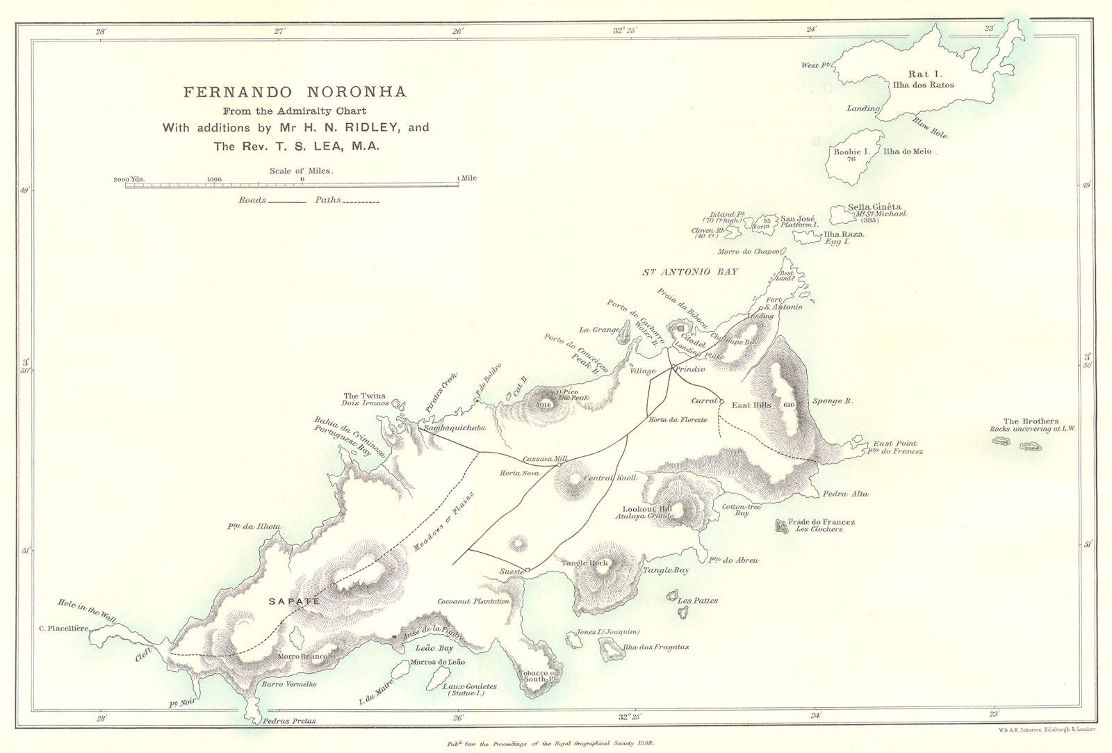 FERNANDO DE NORONHA.From Admiralty chart & Ridley & Rev Lea surveys.RGS 1888 map